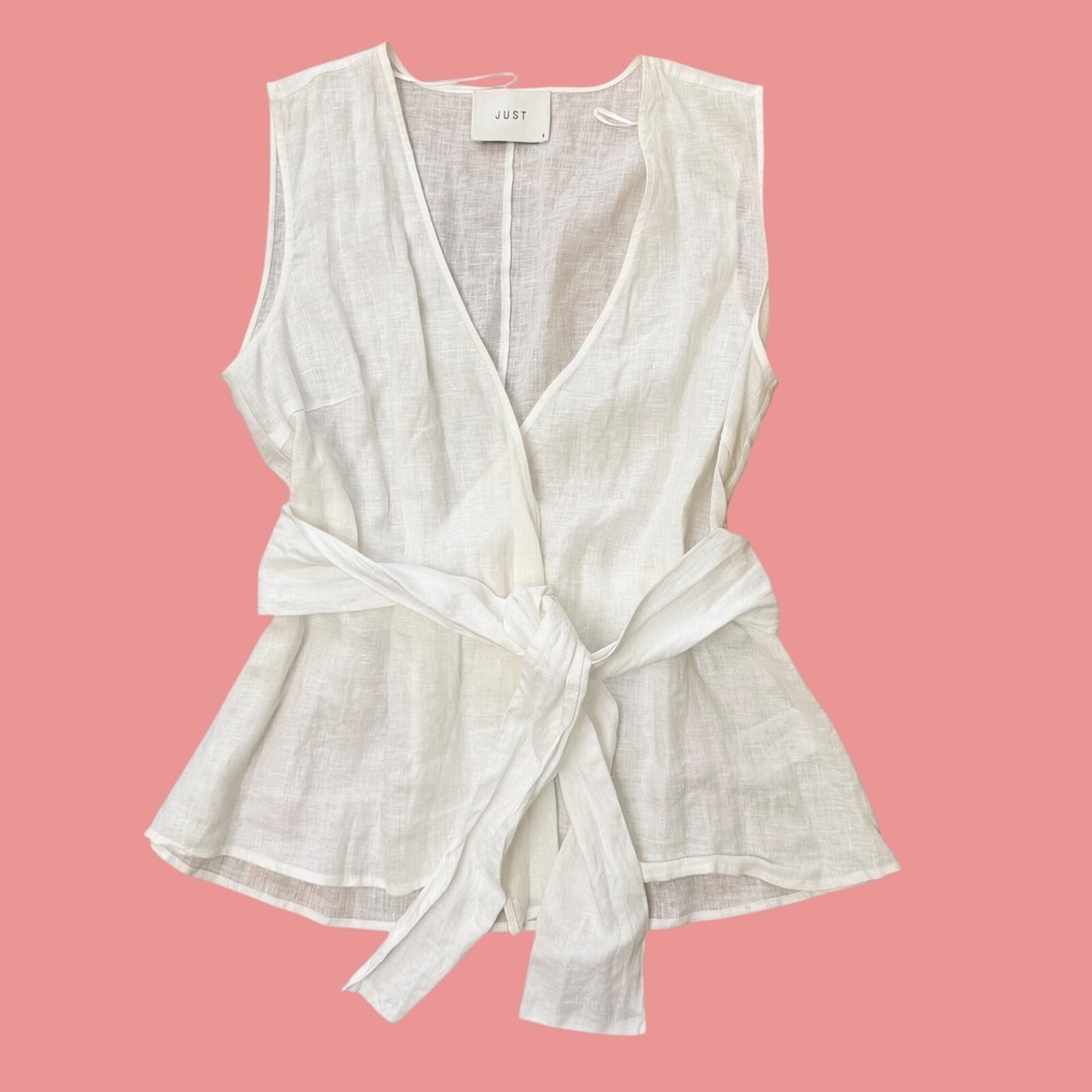 JUST Female Isabella Shirt S White Linen Wrap Sleeveless Peplum Tie Waist Top